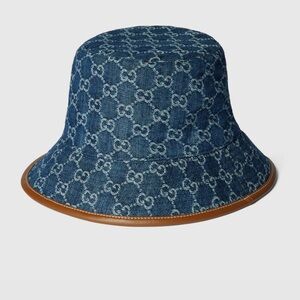 Gucci Denim Blue Monogram Bucket Hat with Tan Trim